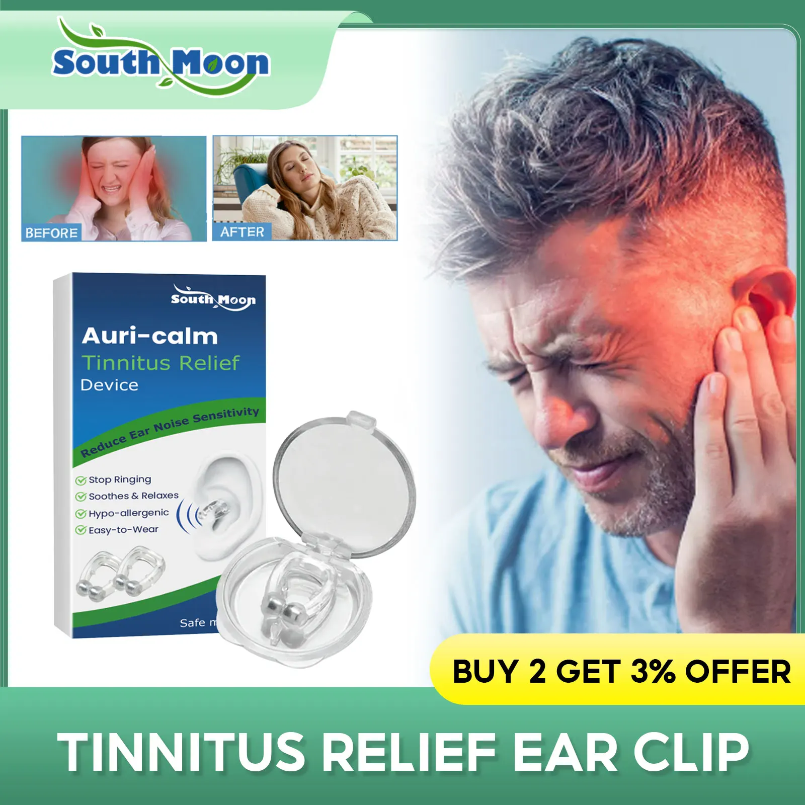Tinnitus Relief Ear Clip Treat Ringing Relieve Pain Dizziness Otitis Improve Hearing Calming Ear Set Pressure Portable Ear Tools
