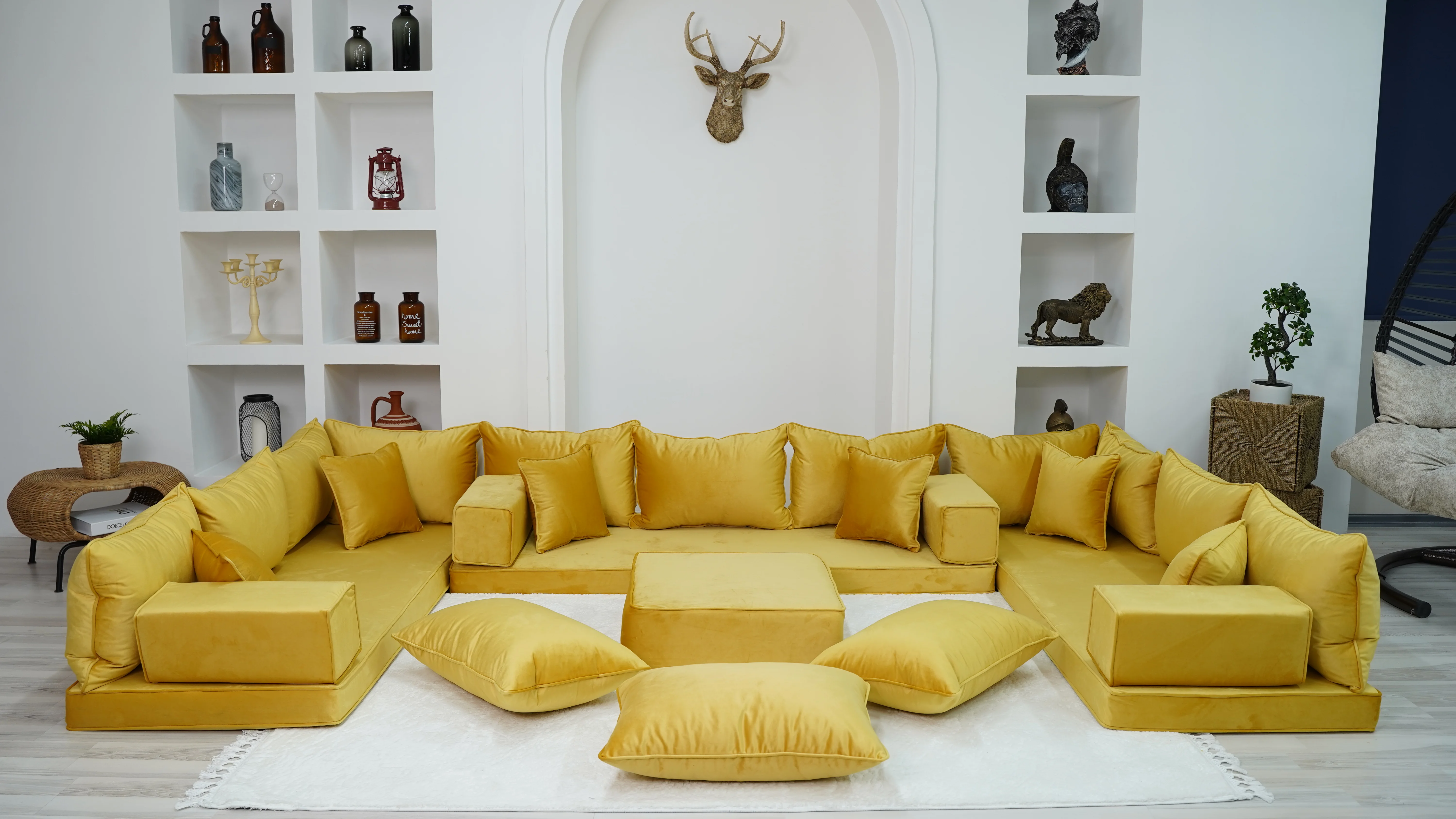 

Yellow Color Velvet U Shaped Floor Seating, Arabic Floor Sofa, Velvet Floor Couch, Sectional Sofa, Moroccan Livingroom Sofa
