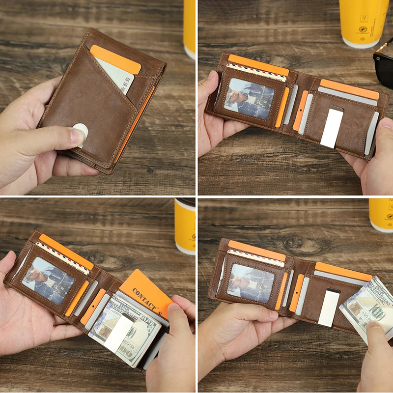 CONTACT'S Genuine Leather Men Wallet Slim Money Clip RFID Ultra-thin Card Holder Wallet Bifold Vintage Male Purse High Quality