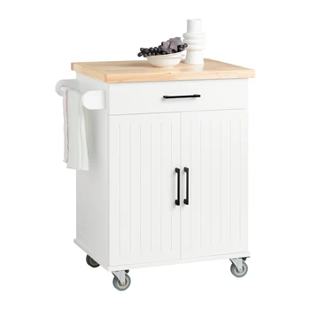 SoBuy FKW119-WN Carrelli da cucina con piastra da lavoro carrello da portata con carrello a rotelle cucina Isola Cucine armadio Bianco-Natura 1