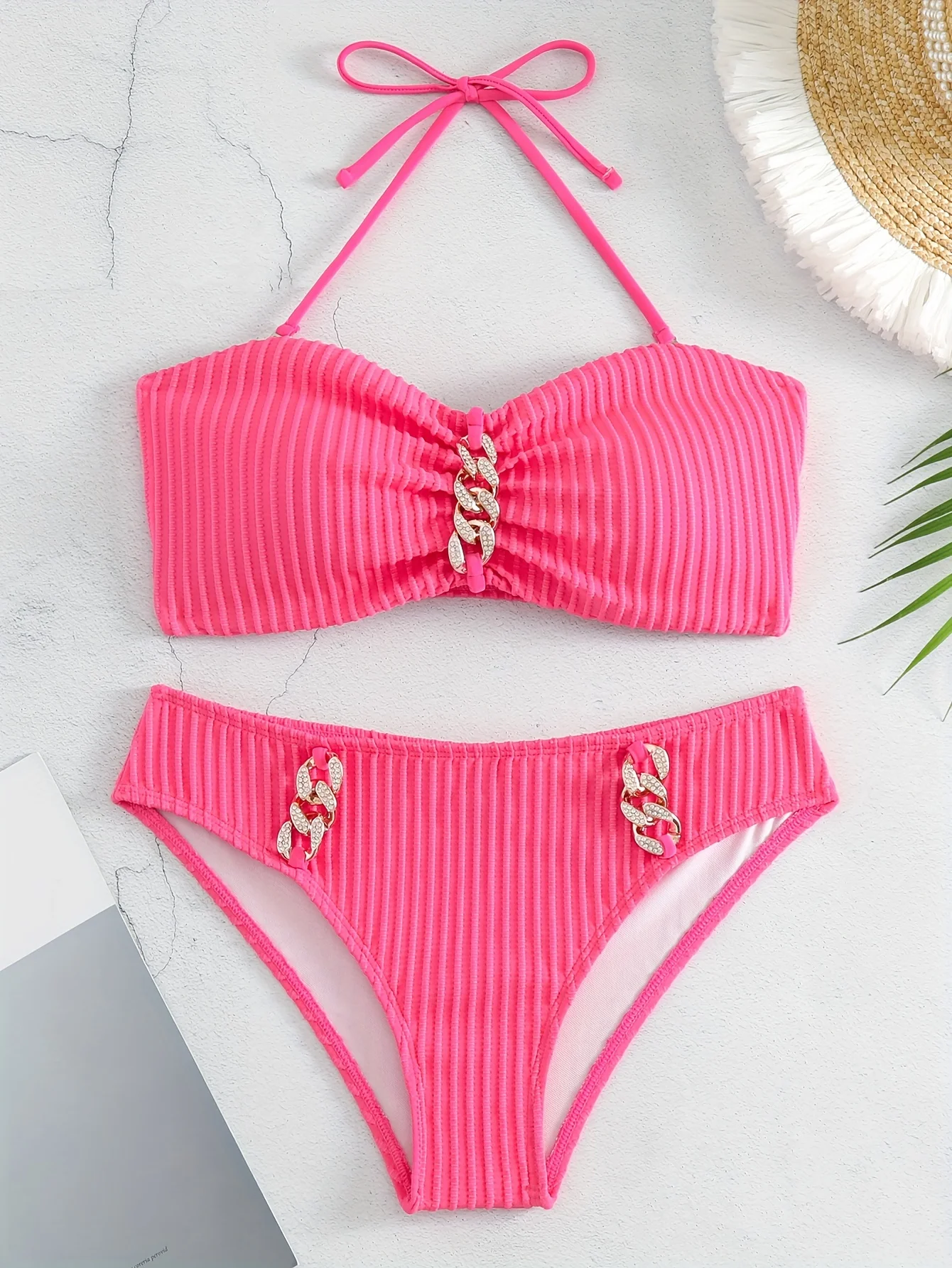 Spring/Summer 2026 Hot Trend: Minimalist Thin-Strap Bikini Set with Metallic Jewelry, Perfect for Summer Vacations