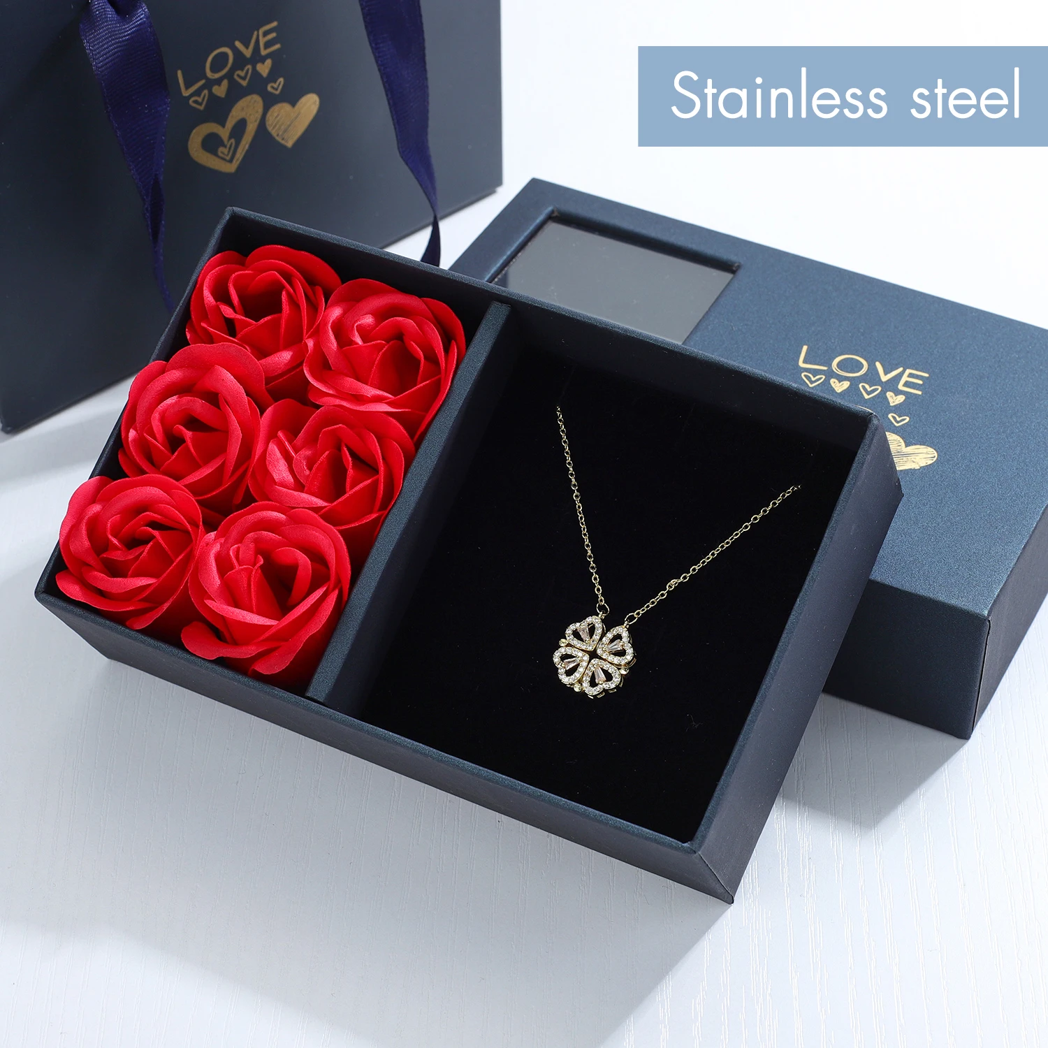 Gift For Wives|customized Gold Necklace With Heart & Four-leaf Clover -  Mothers Day Gift