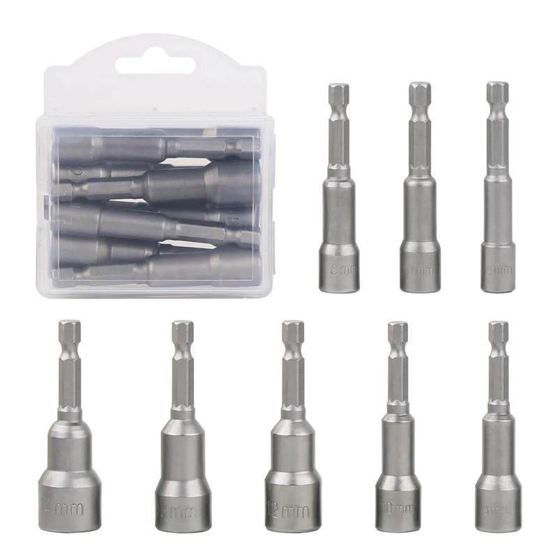 

Free Shipping 8Pcs/Set 6/7/8/910/12/13/14mm CRV 6.35mm Hex Shank Allen socket Nozzle Kit 65mm Length Nut driver Bit Set Tools