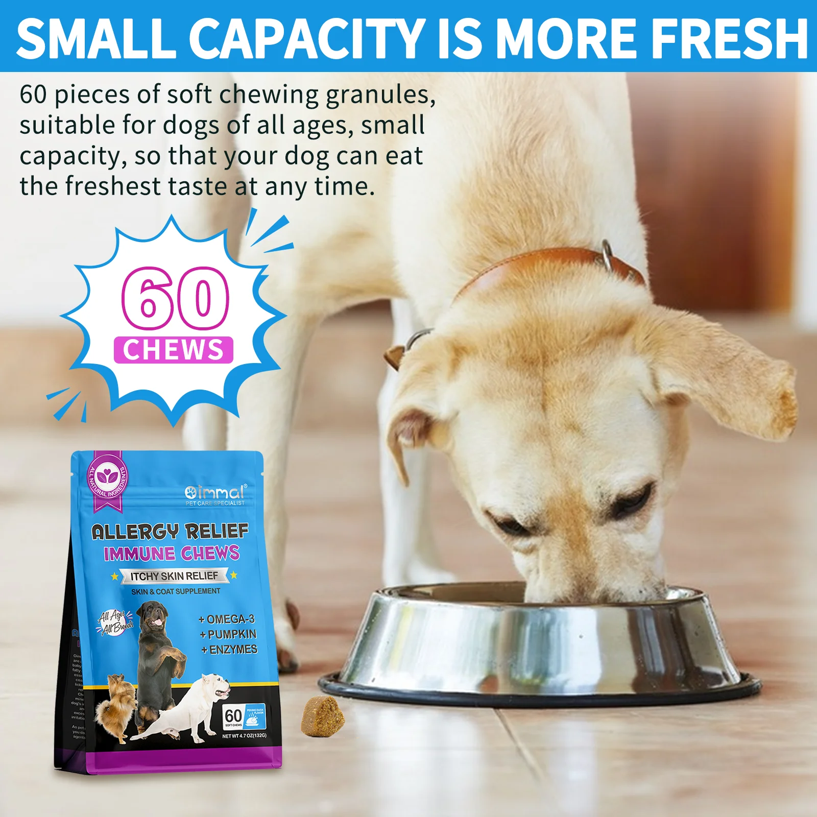 Dog Allergy Relief Chews Anti-Itch Skin & Coat Supplement Omega 3 60 Relief Treatment Pills Pumpkin Enzymes Peking Duck Flavor