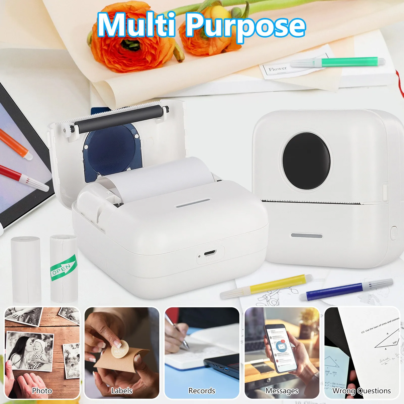 무선 미니 휴대용 감열 라벨 프린터 세트, 메모, 저널링, 업무, 영수증 및 DIY 공예용, USB/배터리 전원