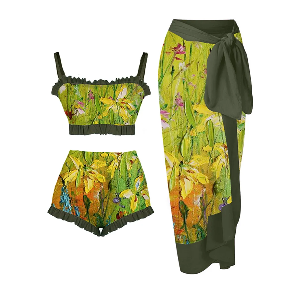 

Retro Green Fashion Floral Oil Print Green Swimsuit Holiday Beach Dress Set Women's Summer 2022 Luxury Fitness Swimsuit