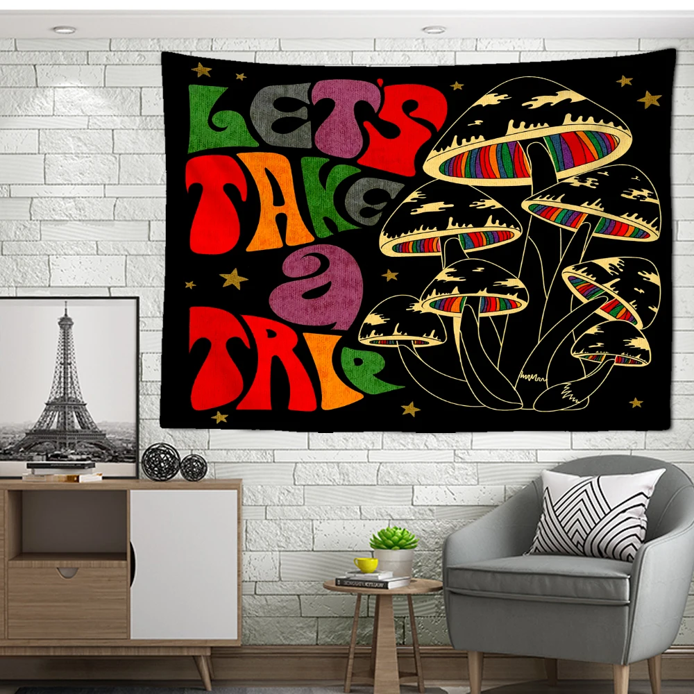 

Psychedelic Mushroom Tapestry, Aesthetics Room Hanging Poster, Fade Proof Polyester, 100D, Vivid Color, Brass Grommets, Gift