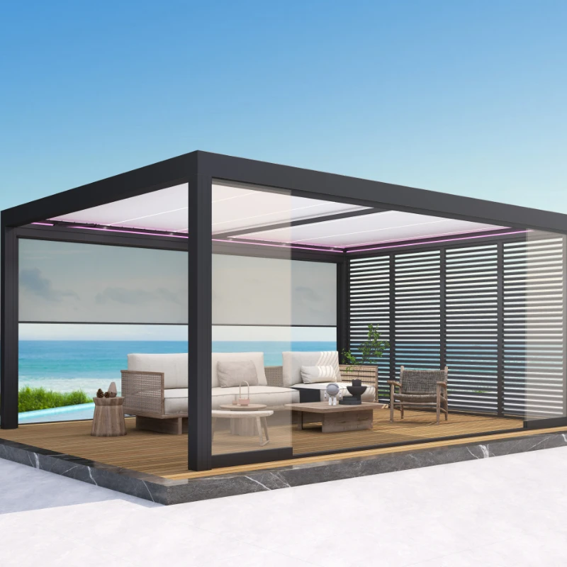 Freestanding Louvered Pergola with 6063T6 Heavy Duty Frame and Full Glass Enclosure for Year-Round Outdoor Use