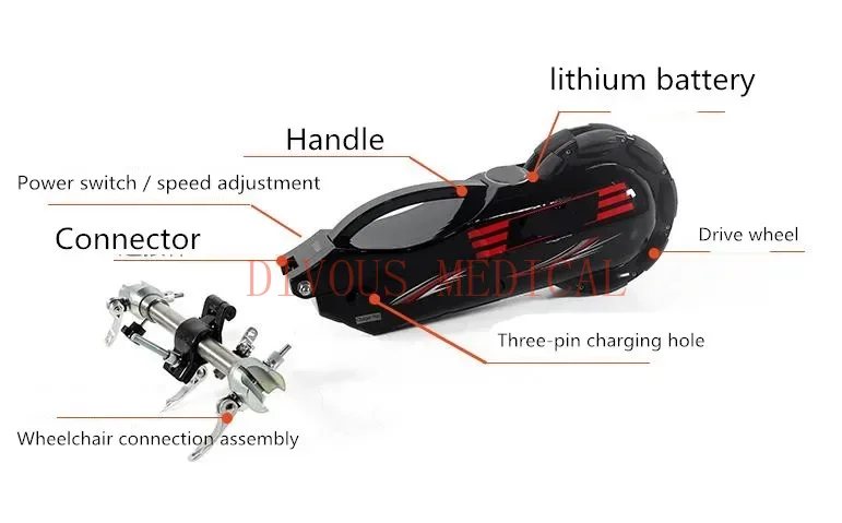 Portable Lightweight Boby Handicap Rollator 250W Manual Wheelchair Attachment Electric Booster