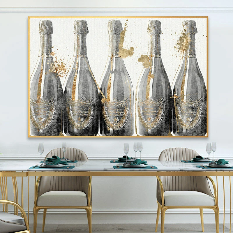 Abstract Golden Champagne Canvas Painting Wall Art Wine Bottle Posters and Prints for Living Room Bar Shop Wall Decor Cuadros
