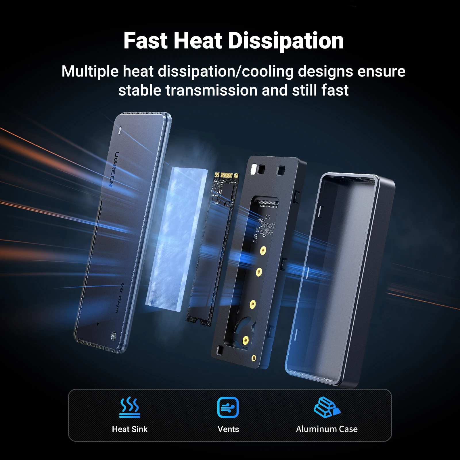 Ugreen-nvme Ssd Case com Colete de Resfriamento Embutido Gabinete de Alumínio M.2 a Usb3.2 Gen2x2 Adaptador Ssd para M.2 Nvme Pcie 20gbps - Imagem 2