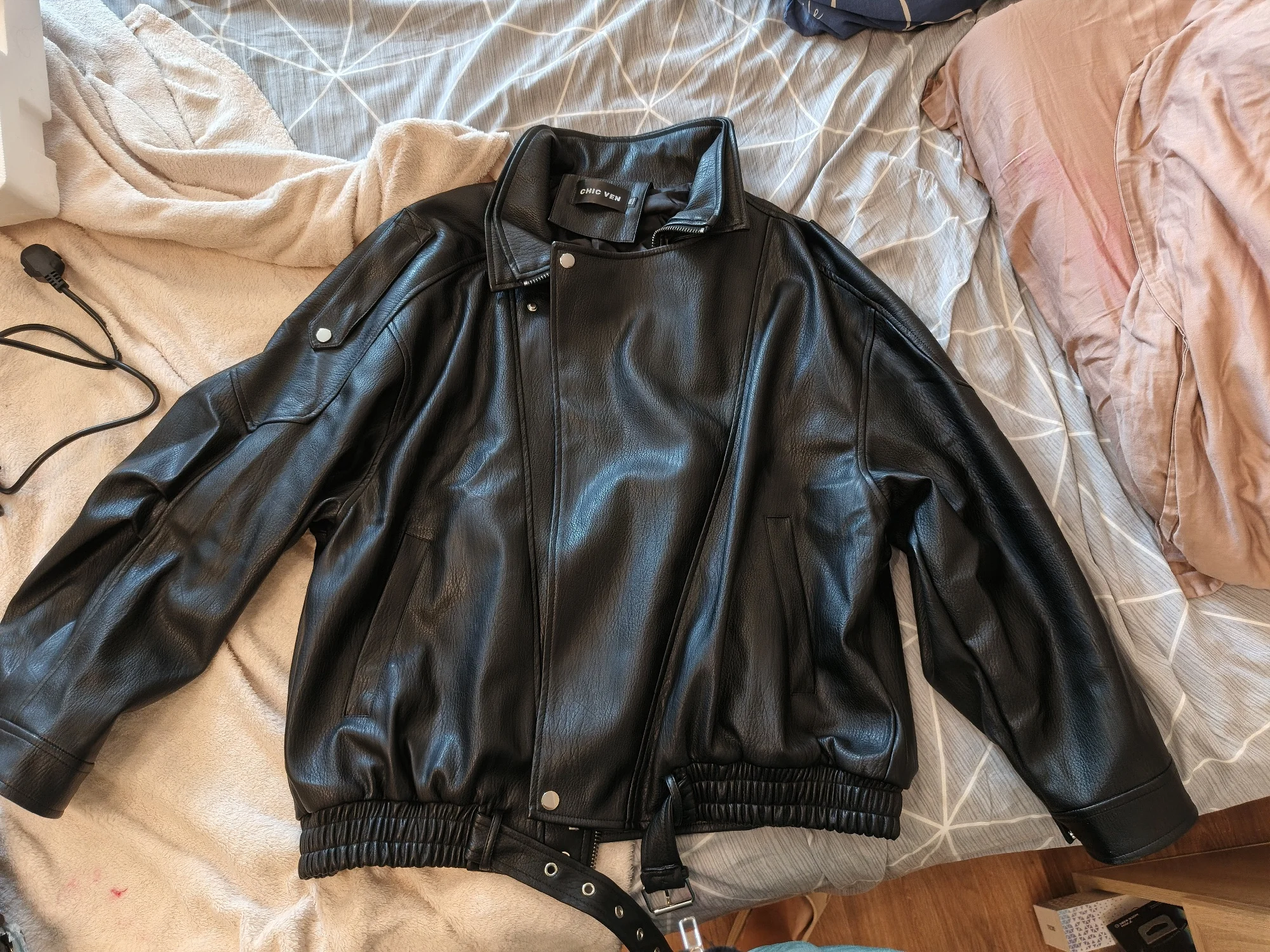 Sophisticated Faux Leather Jacket Women Turn-Down Collar Fall photo review