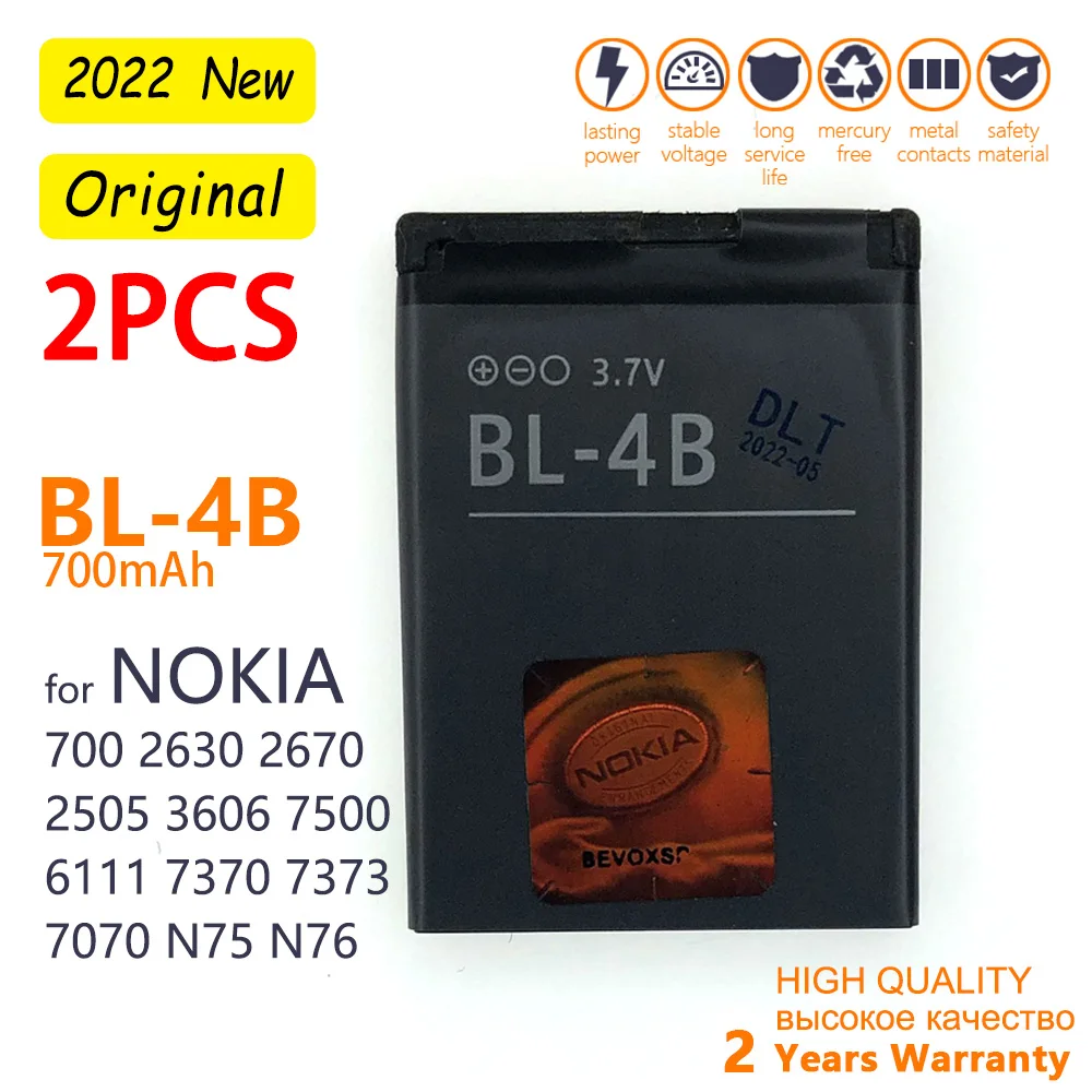 

2PCS BL-4B BL4B Battery 720mah Replacement For Nokia 2505 3606 3608 2670 2660 2630 6111 7070 Mobile Phone Rechargeable Batteria