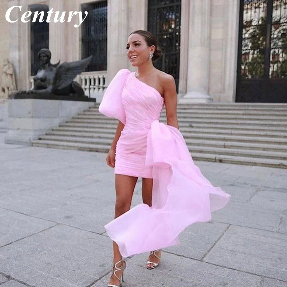 

Light Pink Short Mini Chiffon Prom Dress Asymmetric One Sleeve With Bow Party Dress Pleat Formal Night Evening Gowns robe soirée