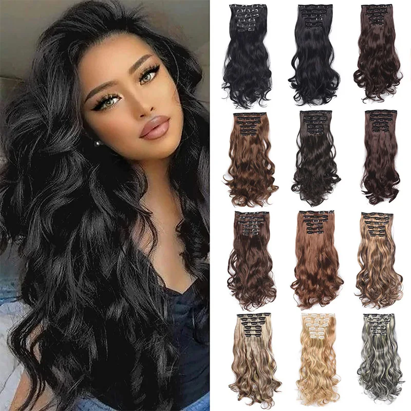 6PCS Long Wavy Clip In Hair Extensions Synthetic Fiber Invisible Clip Thick Hairpieces Brown Hair Piece Soft Full Head For Women