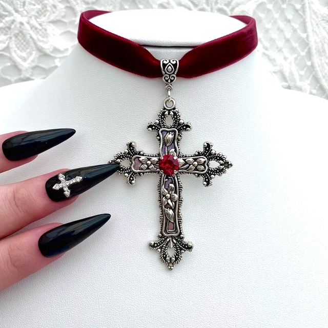 Vintage Gothic Large Cross Black Velvet Choker Ornate Cross Black Velvet Grunge Choker Gift for Her - Red