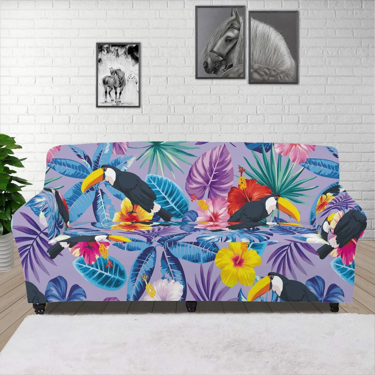 

Home Living Room Decoration Sofa cover Parrot And Hibiscus Tropical Palm Leaves 2 And 3 Seater Sofa Cover Elastic Couch Cover