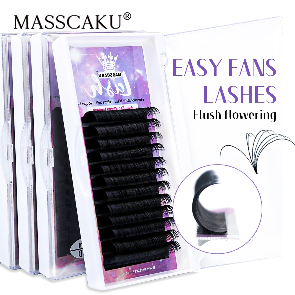 MASSCAKU 12Rows Auto Flowering Individual Lash Extension Super Soft Silk Blooming Eyelashes Custom Brand Name False Lashes