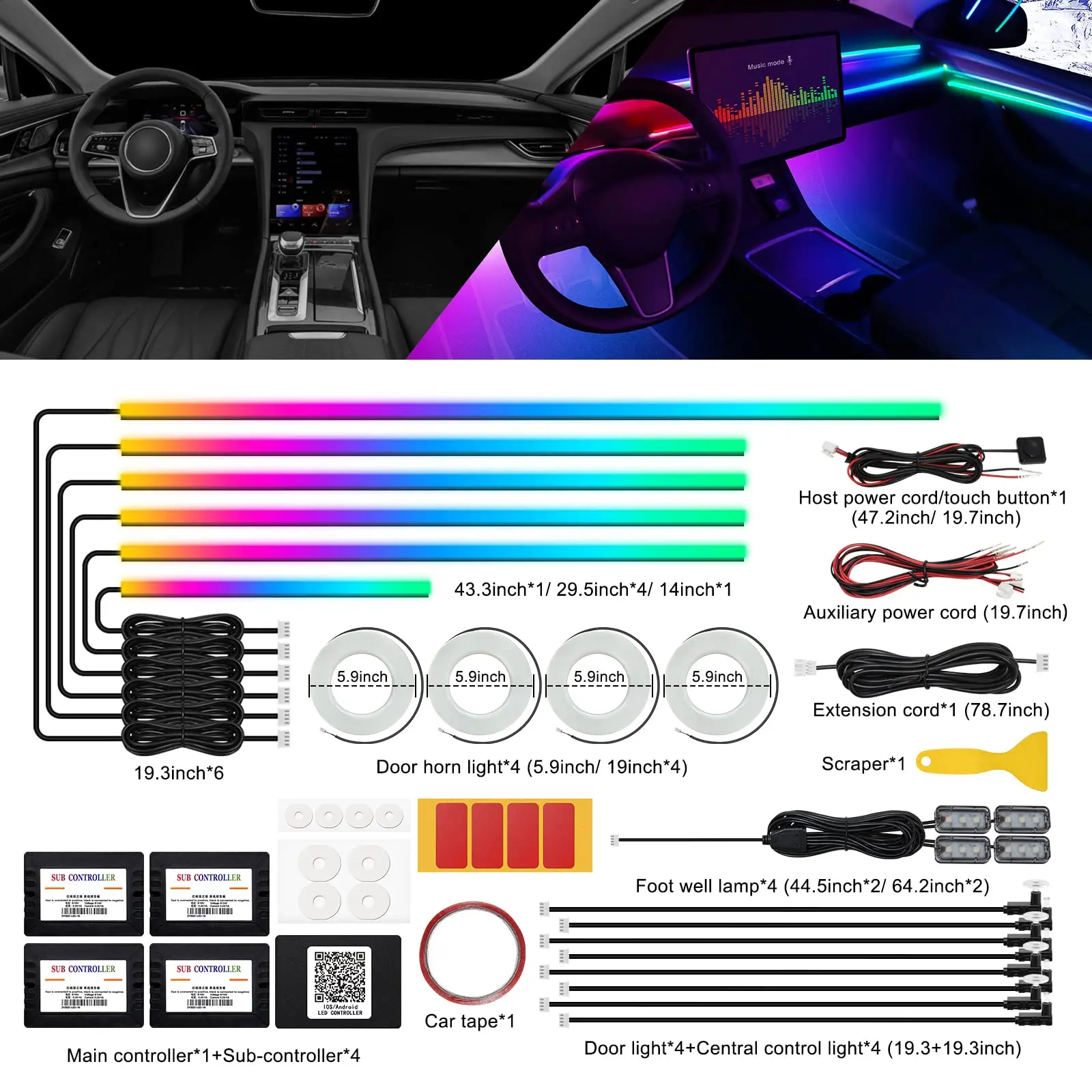 18 / 22 In 1 Streamer Car Ambient Lights RGB 213 64 Color LED Interior Rainbow Acrylic Strip Symphony Remote Atmosphere Lamp Kit