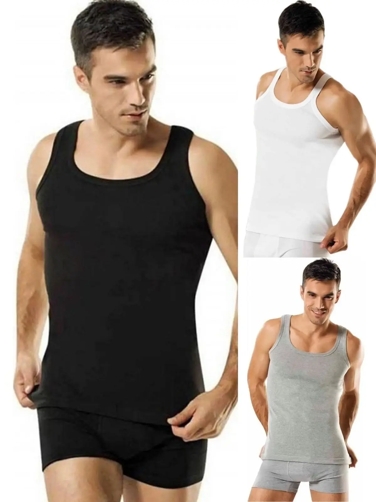 Men's 6-Piece Ribbed Classic Strap Sports Athlete Undershirt 100% Cotton Combed White Singlet Undershirt Tank Tops Underwear