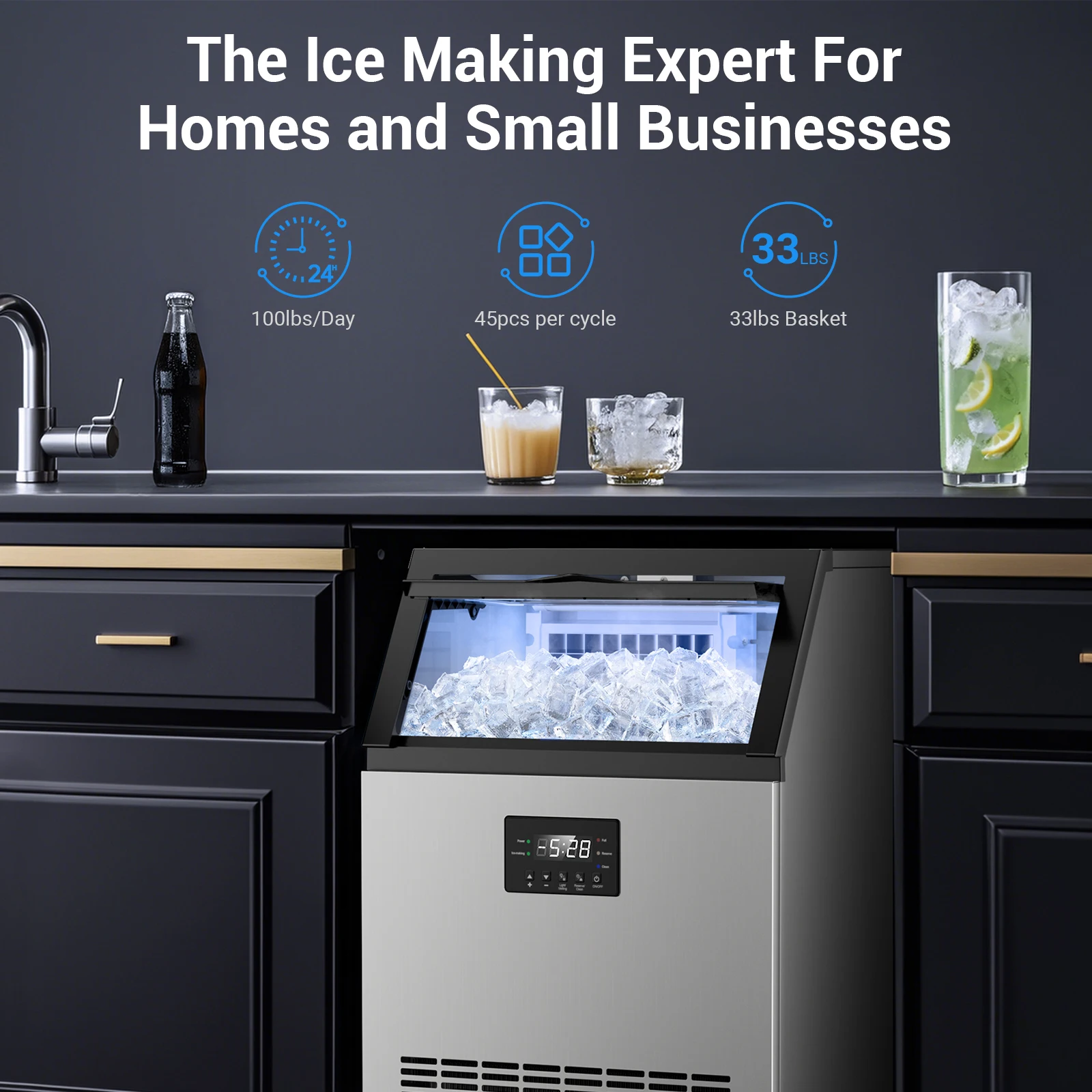 Commercial Ice Maker Machine Stainless Steel Under Counter Ice Maker with 34LBS Ice Bin Freestanding Ice Machine for Home Cafe
