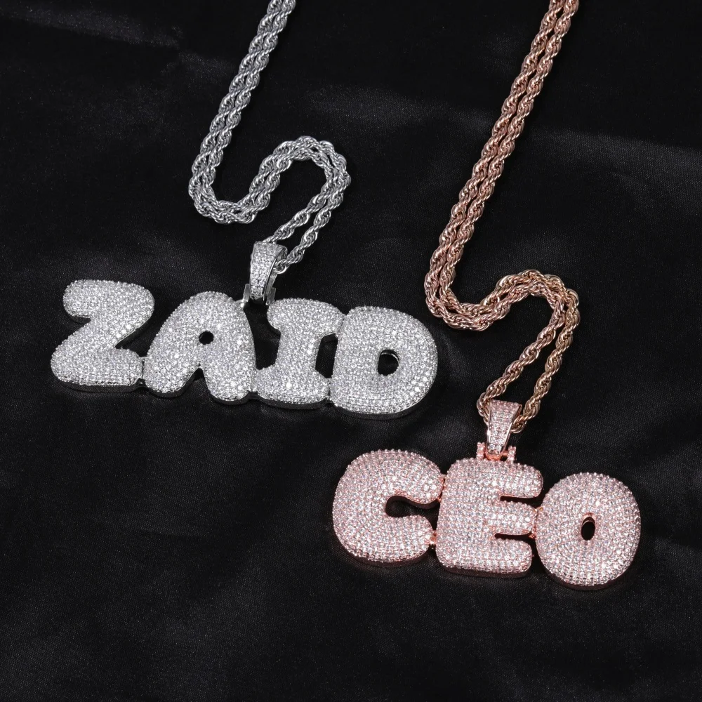 Benutzerdefinierte Blase Buchstaben Namen Anhänger Micro Pave Icy Kubikzircon Diamant Namensschild Halskette Kette personalisiertes Geschenk für Weihnachten – Detail 8