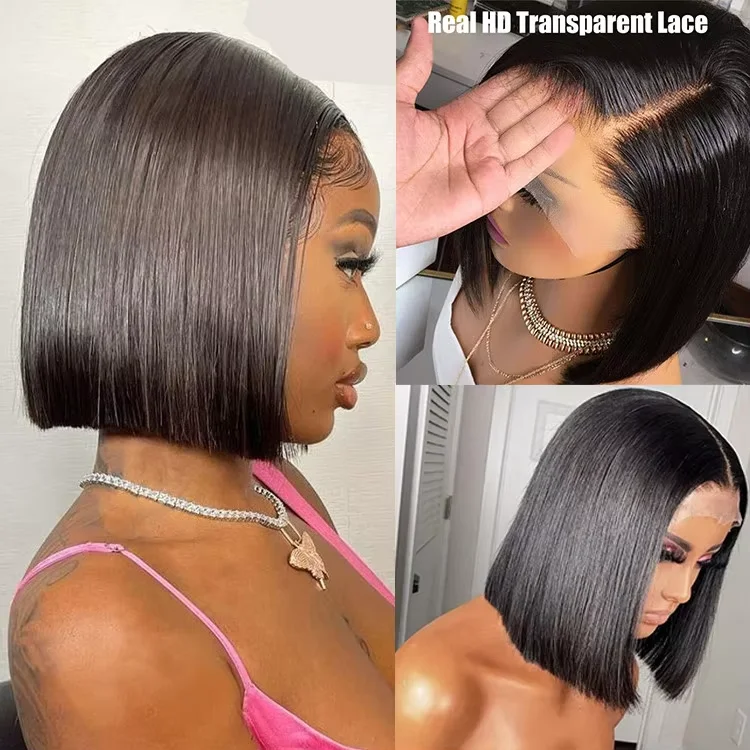 Parrucche Bob in Capelli Umani 13x4 HD Lace Front per Donne Nere, Parrucche Bob Senza Colla in Capelli Umani Pre-Piumate e Pre-Tagliate con Baby Hair 200% - immagine 4