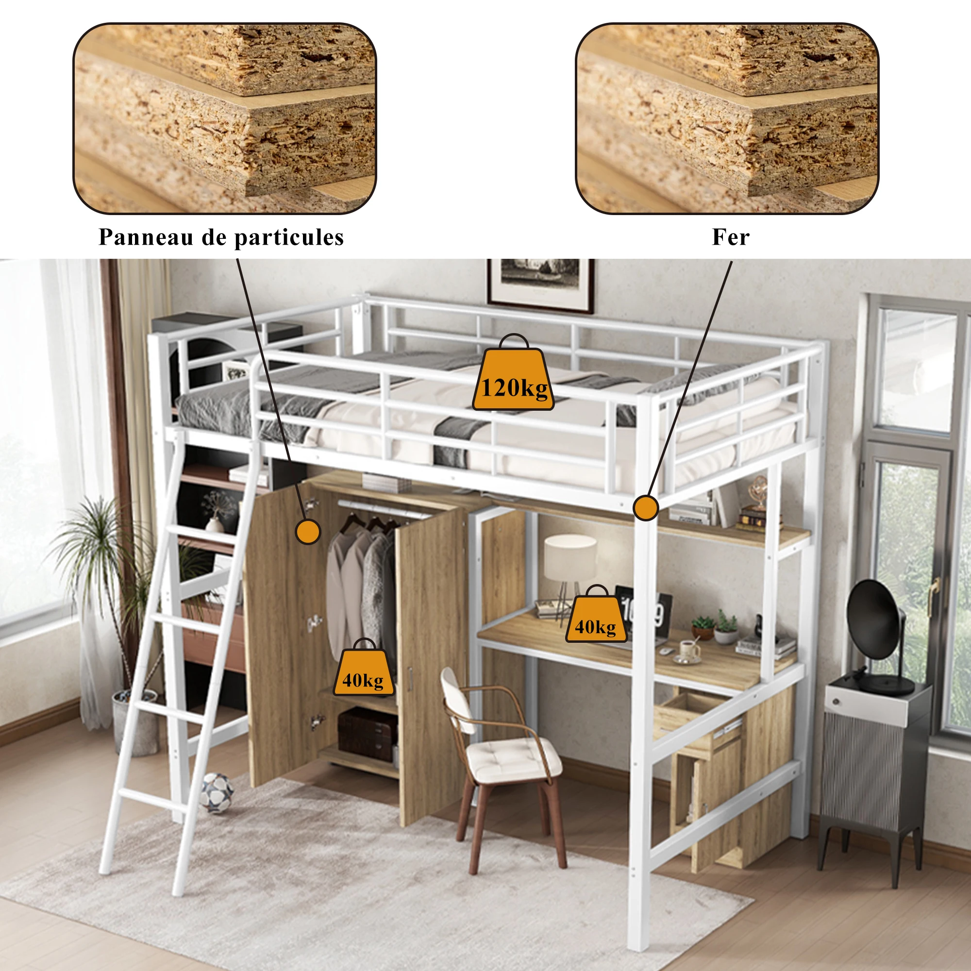 Letti a soppalco 90 x 200 cm, letto per bambini, con armadio e ripiani portaoggetti, scala portaoggetti, in legno, grigio