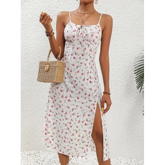 

Women's summer dress midi length super dress with floral print chest tie and shirring detail slits with straps