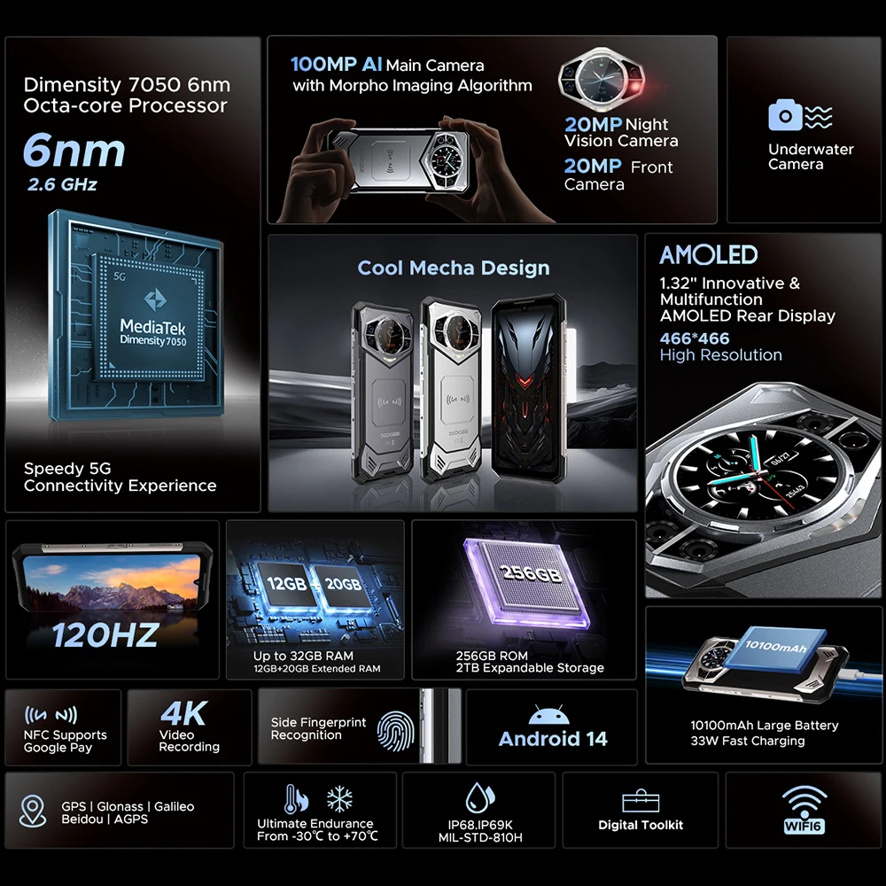 Versione globale DOOGEE S200 Telefono robusto 5G Display da 6,72" 120Hz 12GB 256GB 100MP AI Fotocamera principale Batteria da 10100mAh Smartphone NFC - immagine 2