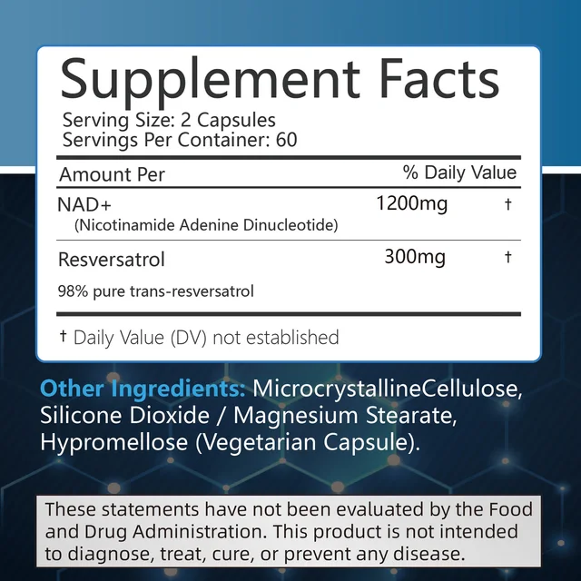NAD+ Resveratrol - Anti-aging, Helps Boost Energy, Promotes Cell and Skin Health - 120 Capsules