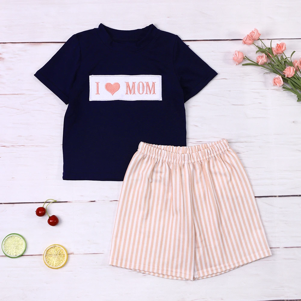

Fashion Mother's Day Boys T-Shirts I LOVE MOM Black Embroidery Short Sleeve 1-8T Khaki Strap Casual Shorts Outfits For Summer