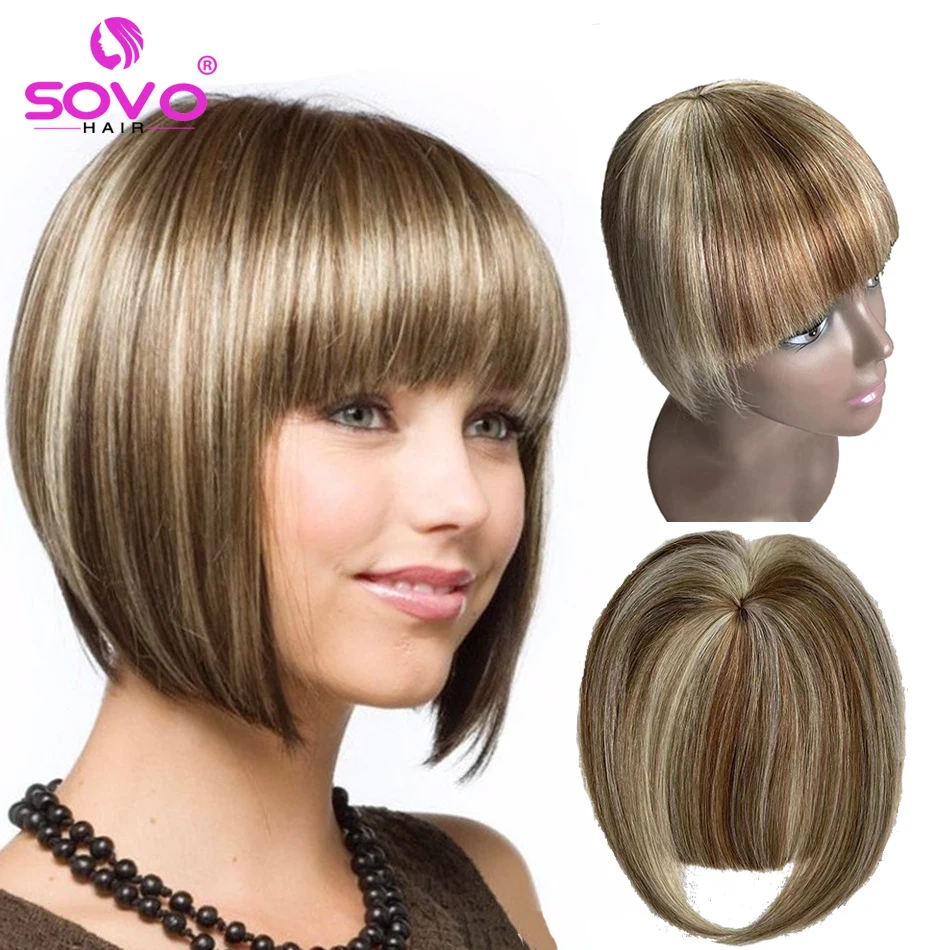 Human Hair Bangs Clip In Blunt Cut Fringe OverHead Wispy Air Bang 2 Clips Hair Topper Extensions 8.5x7.5cm human hair bangs