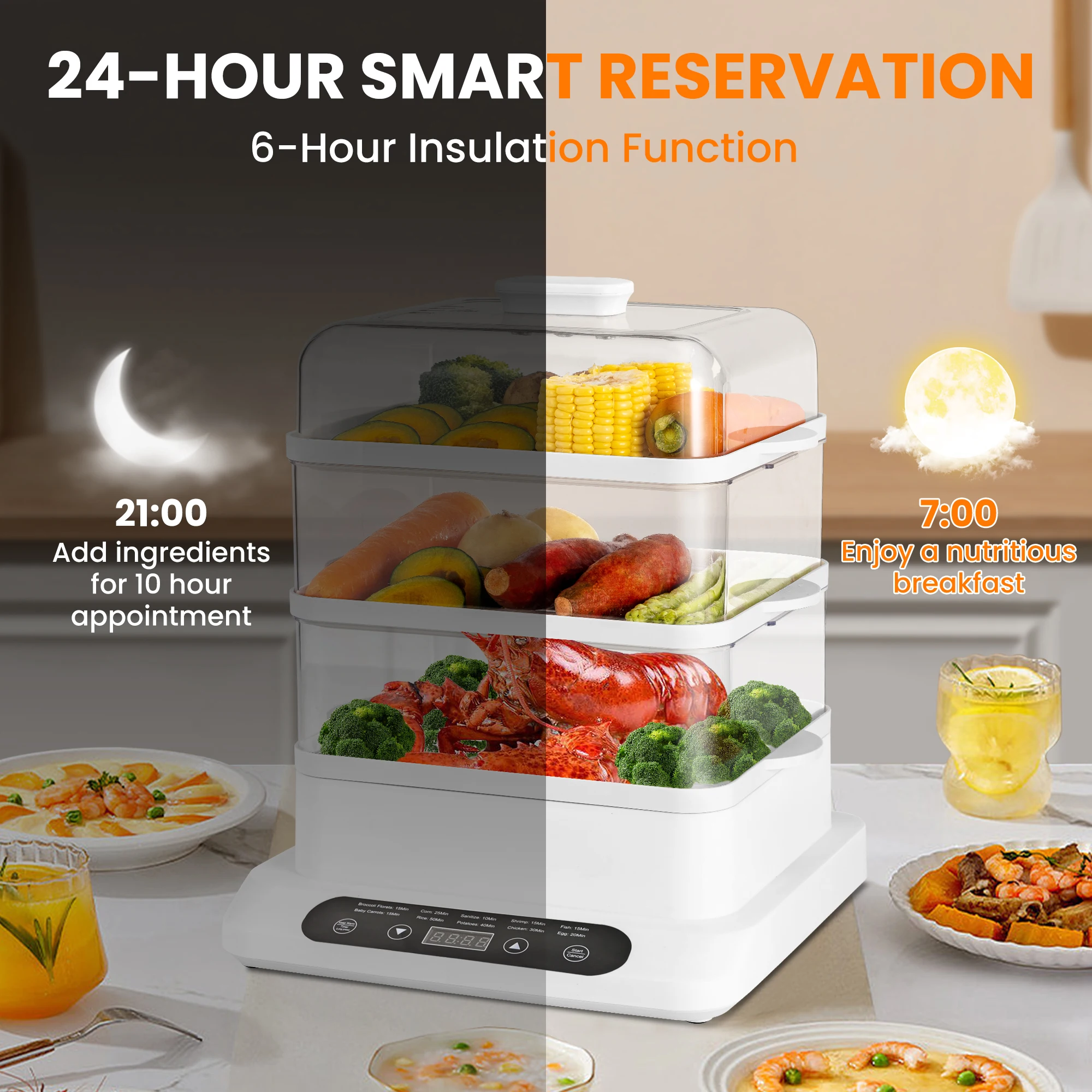 Food Steamer 3 Tier 16QT Electric Vegetable Steamer with Keep Warm and Timer Multifunctional Digital Steamer (800W) 4