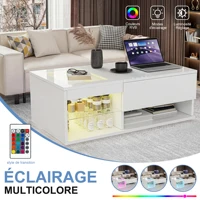 Table Basse Relevable avec Éclairage LED, 100x55x35-50cm, Table Basse Blanche Brillante , Table de Salon Rectangulaire avec Compartiments Cachés et Rangement Ouvert, Table d'appoint Moderne pour Salon et Chambre 3