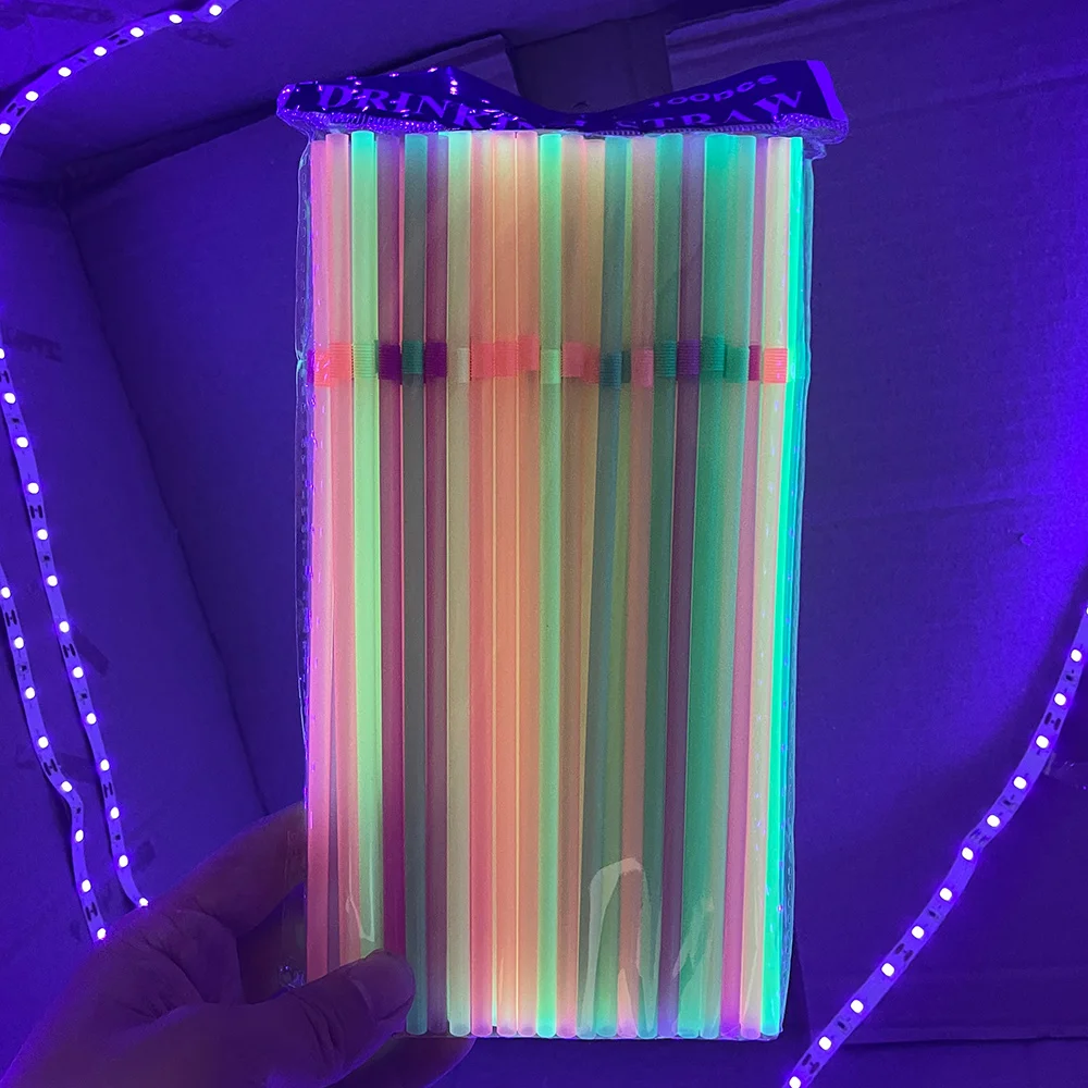 

100pcs Neon Glow in the dark Paper Party Supplies Flexible Drinking Straws Plastic Disposable Bendy Straws Birthday Decoration