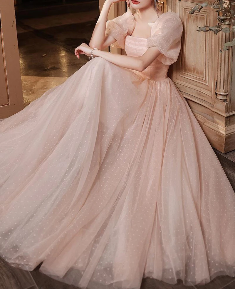 Pink Elegant Evening Dresses Puff Sleeves Square Neck Dots Tulle