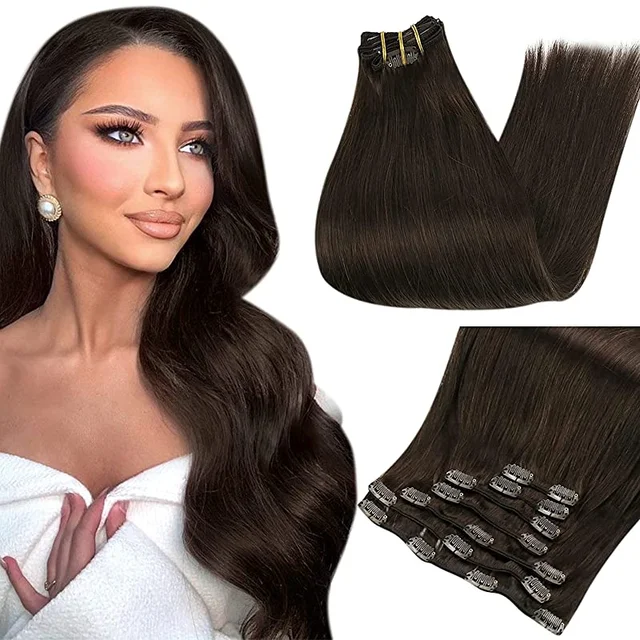 Full Shine Clip In Human Hair Extensions Balayage Ombre Blonde Black Hairpins 7pcs 120g Double Weft 100% Machine Remy For Woman 2 Darkest Brown