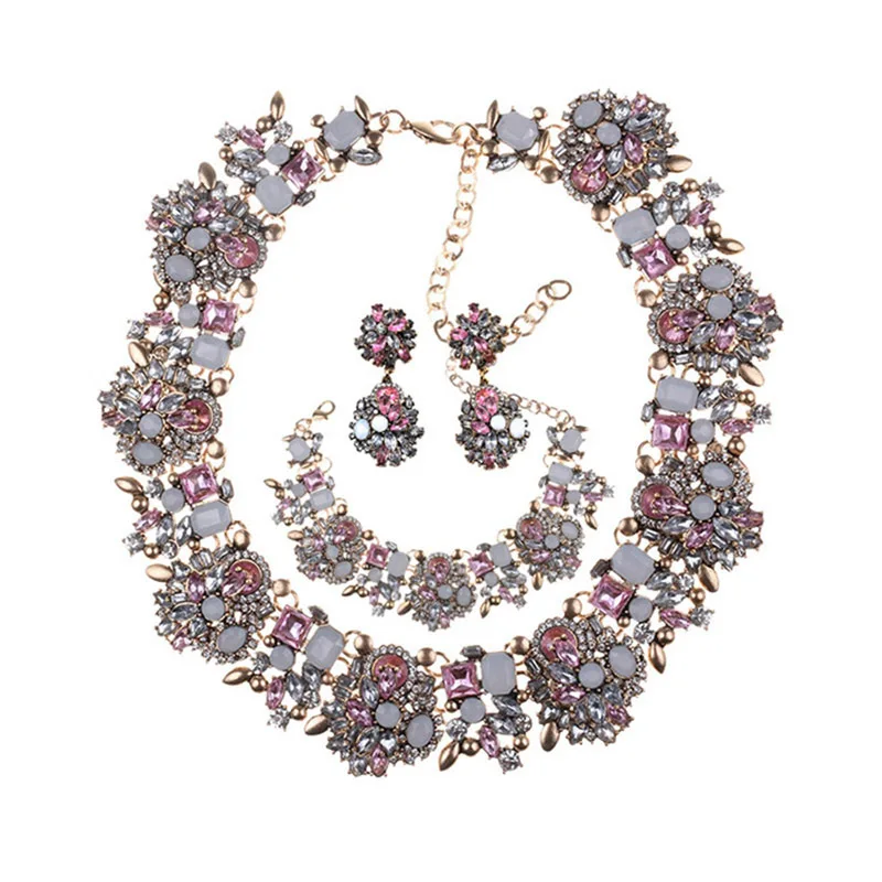 Costume Indian Jewellery Set Women Jewelry Crystal Chunky Rhinestone Statement Necklace and Earrings Bracelet Conjuntos De Joyas