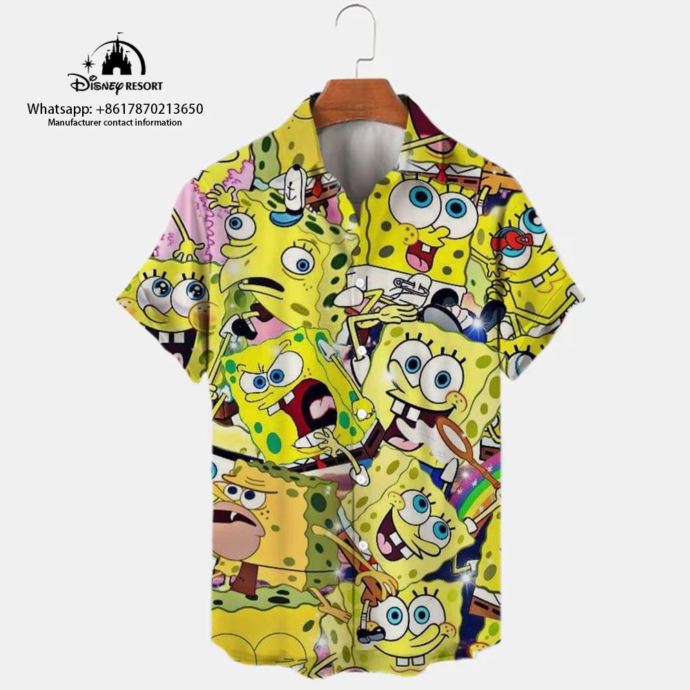 

2024 Fashionable Men's New Lapel Short Sleeve Single Breasted Shirt Summer SpongeBob Pattern Printed Casual All-match Shirt y2k