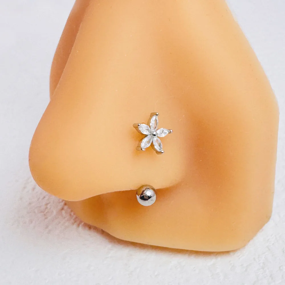 Zircon Flower-Shaped Nose Ring 14K Gold Plated Stainless Steel Piercing Jewelry for Women 1Pc