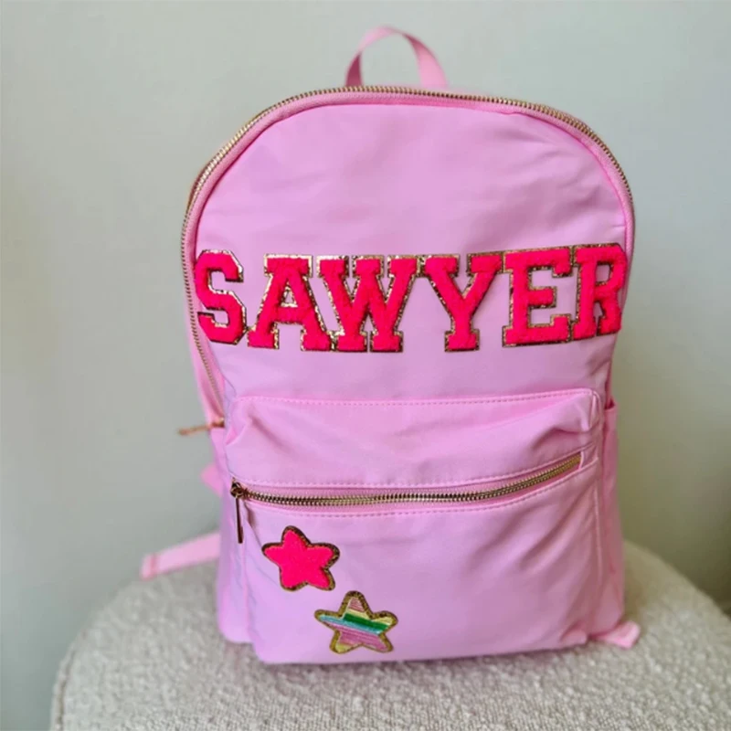 Factory Price Stock Nylon Waterproof Glitter Chenille Patches DIY Custom Logo Bookbag Women Kids Girls Backpack Bag School Bags