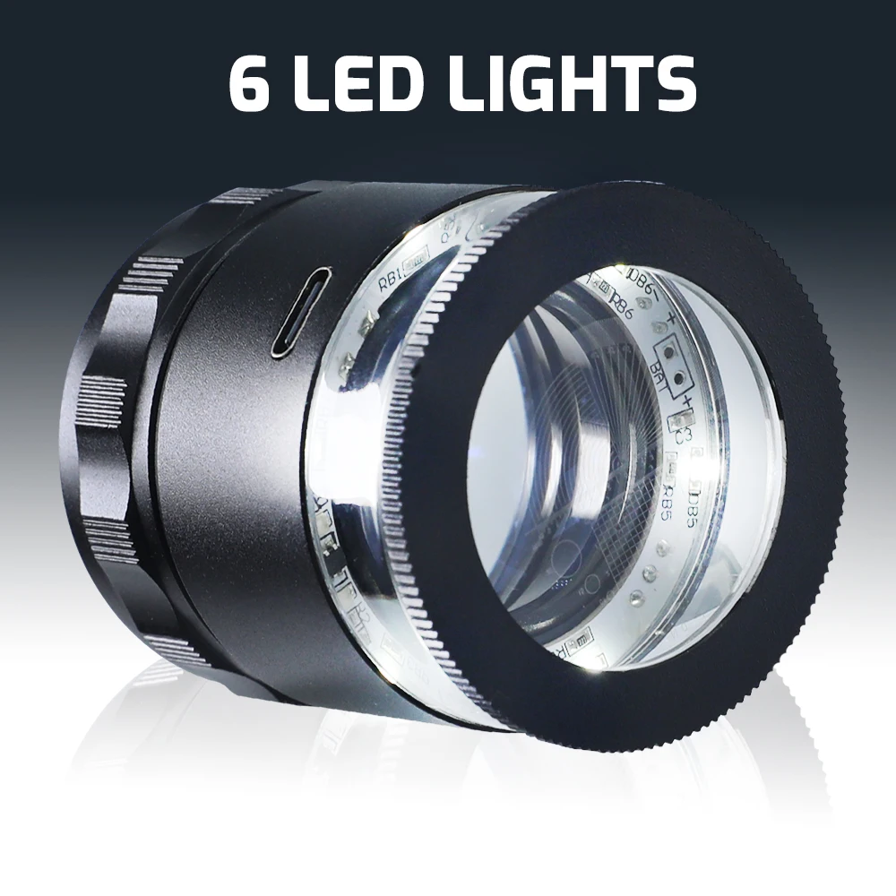 15배율 충전식 LED 광학 확대경, 6개 LED 조명이 있는 20mm 스케일 차트가 있는 보석 감정가, 수집가용 도구
