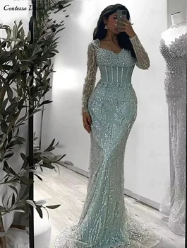 Contessa Custom Luxury Mint Green Mermaid Evening Gown Long Sleeve Corset Heavy Beaded Pearls Dubai Prom Dress Formal Party 1