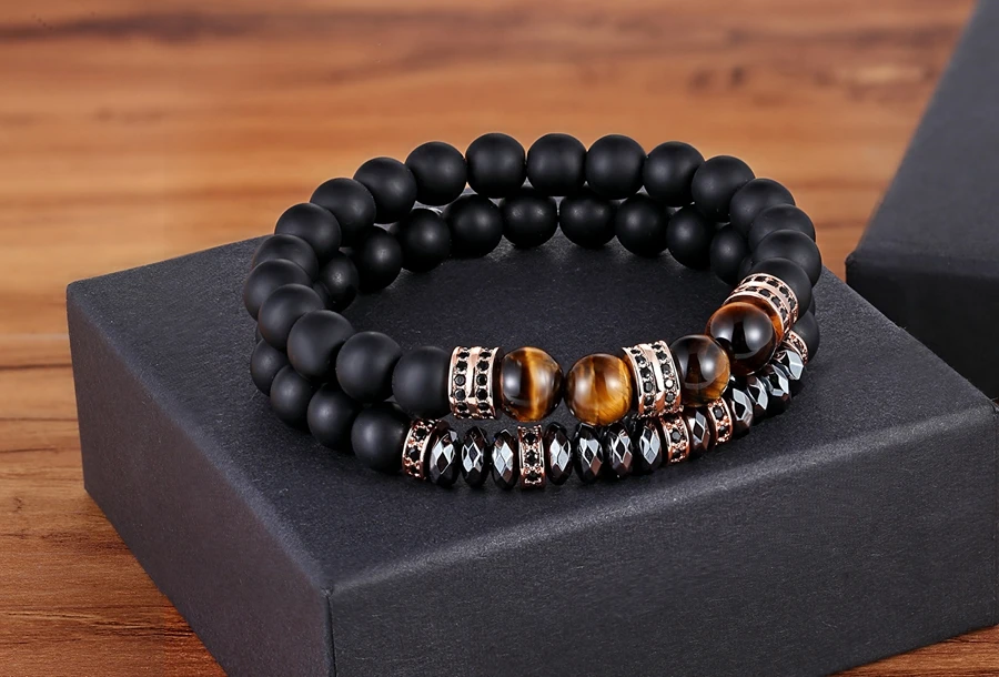 TYO Marble Tiger Eye Matte Onyx Stone Beads Cubic Zirconia Hand Jewelry Accessories Elastic Stretch Men Bracelet Birthday Gift