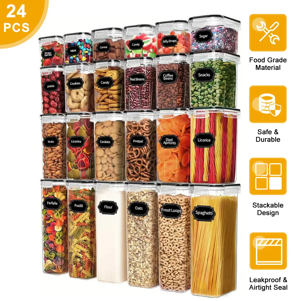 24-Piece Airtight Food PP Storage Containers Set Kitchen Pantry Organisation for Dry Food Flour Rice Pasta Cereals Stackable