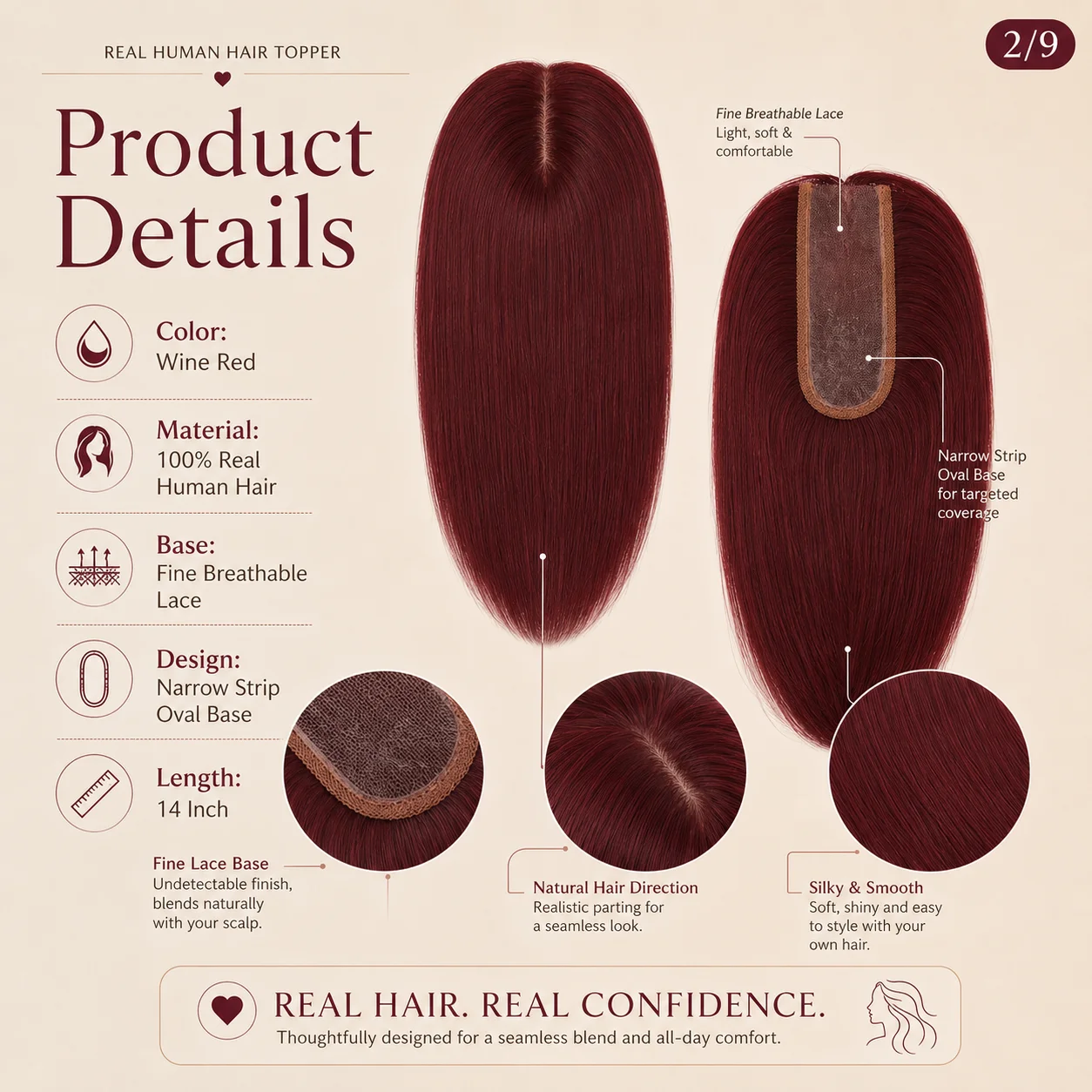 TUW22 Topper per capelli rosso ciliegia in PU, per donne con capelli diradati, pezzo di capelli umani per persone con perdita di capelli, topper in capelli umani - immagine 2