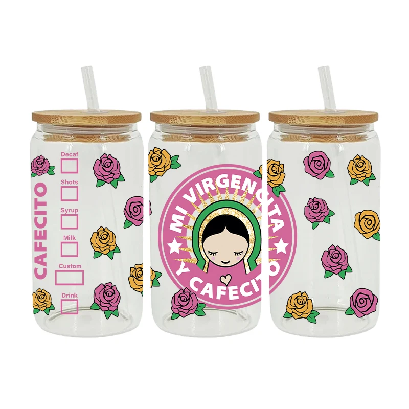 UV DTF Transfer Sticker Mexico Flowers 16oz Libbey Glasses Wraps Bottles Cup Can DIY Waterproof Decals D14413