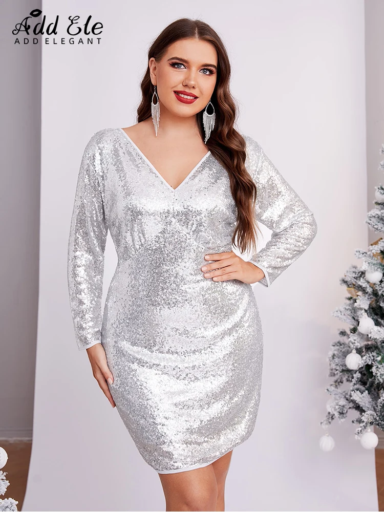 

Add Elegant Plus Size 2022 Christmas Style Sequined Dress Women Front Rear V Neck Waist Silver Sexy Mini Party Club Dresses E459
