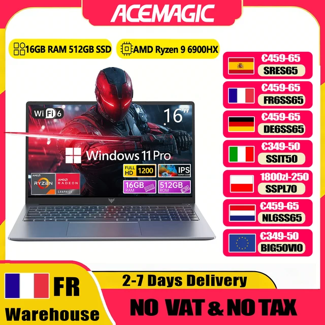 ACEMAGIC ordinateur portable 16 pouces FHD pour jeux AMD Ryzen 9 6900HX 16 go de RAM 512 go SSD Windows 11 Pro ordinateur portable rétroéclairé KB Wifi6 BT5.2 1